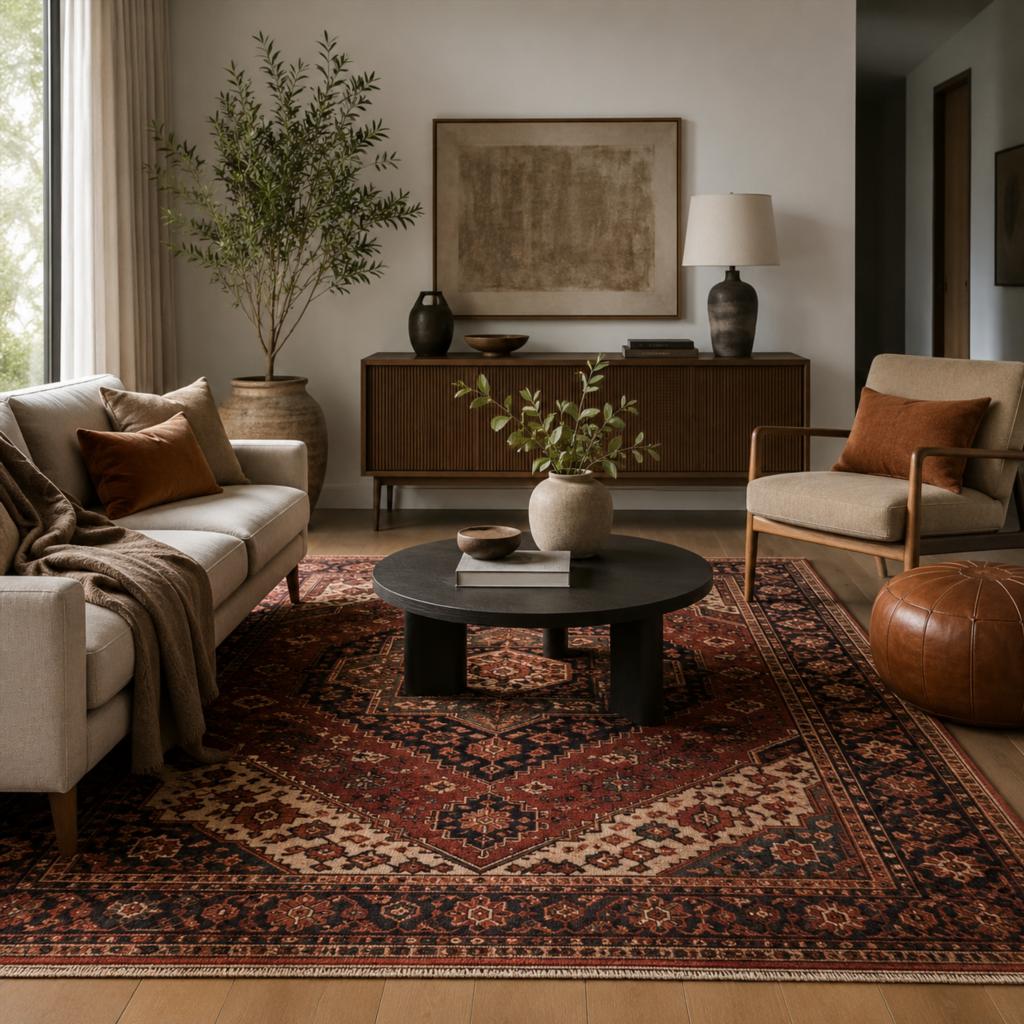 Уютная гостиная с восточным ковром